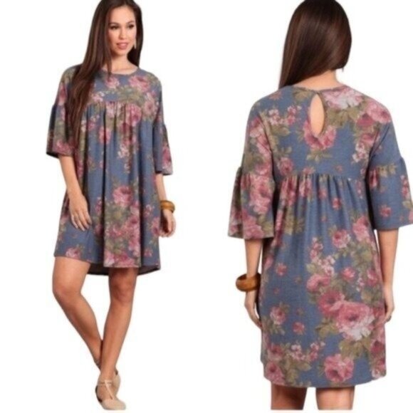 Blue Floral Baby Doll Dress Women Small Bell Sleeve  Cottagecore Relaxed Fit - Picture 6 of 7